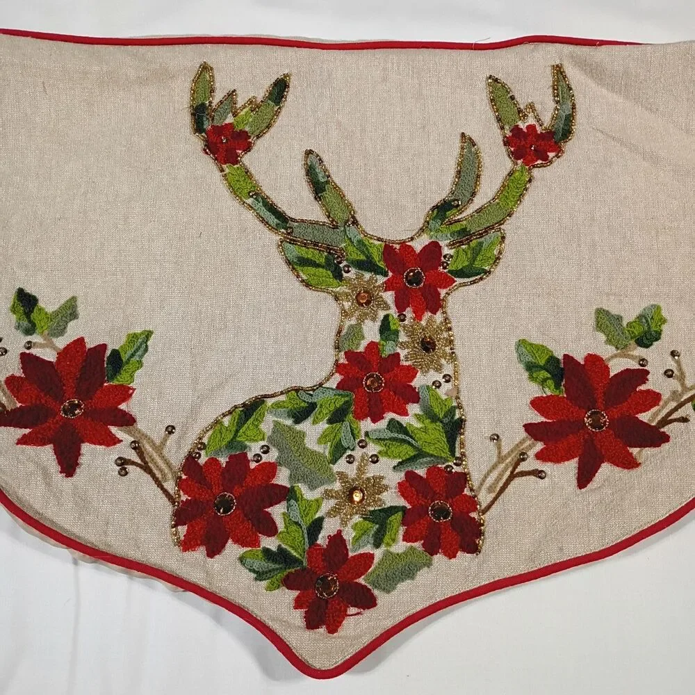 PIer One Christmas Mantle Scarf Reindeer Poinsettia Beaded Drape Runner